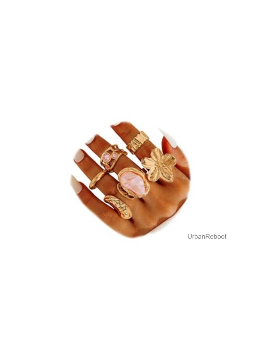 6pcs Gold Chunky Hibiscus Flower Faux Pearl Ring Stack Women Vintage Hammered